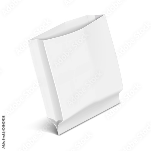White blank open paper bag. 3d mockup. Greaseproof pouch package holder for takeout fast food meals. Realistic vector mock-up. Template for design