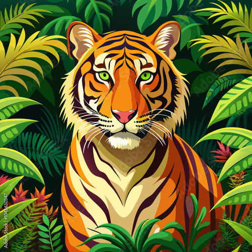 A majestic tiger, with piercing green eyes and a powerful presence, peers out from a lush jungle setting.