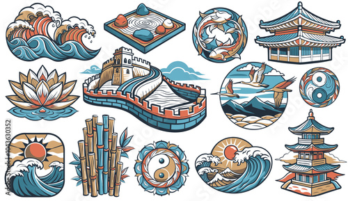 Asian culture set of elements. Collection with traditional symbols of asia. Colorful set of asian culture icons representing traditional symbols and elements
