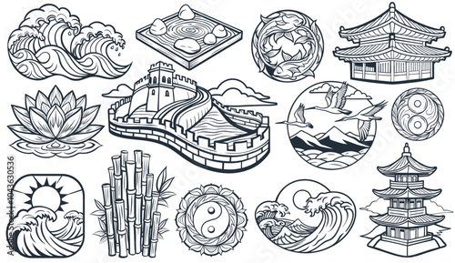 Asian culture set of elements. Collection with traditional symbols of asia. Colorful set of asian culture icons representing traditional symbols and elements