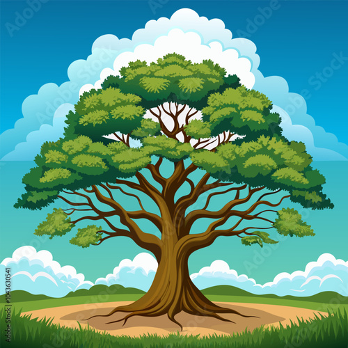 A large, majestic oak tree stands tall against a backdrop of a bright blue sky and fluffy white clouds.