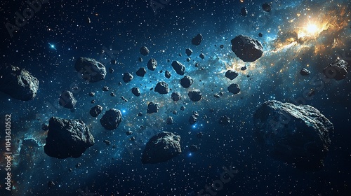 Stunning Asteroid Field in Galaxy with Jagged Rocks and Starlight Reflection