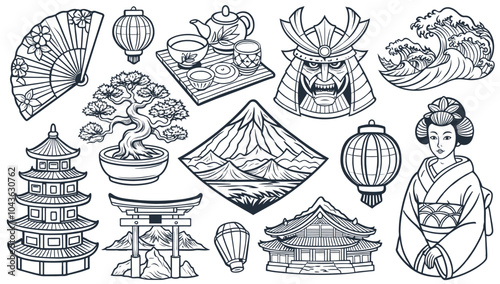 Asian culture set of elements. Collection with traditional symbols of asia. A collection of various elements representing traditional japanese culture and heritage