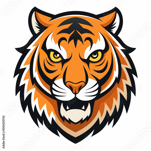 A fierce and powerful tiger head illustration, perfect for adding a touch of wildness to your designs. This vibrant and detailed graphic is ideal for sports teams, mascot designs.