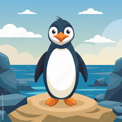 A cute cartoon penguin standing on a rock by the sea, perfect for children's books, educational materials, or any project that needs a touch of adorable wildlife.