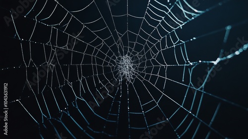 A detailed close-up of a spider web with dew drops.