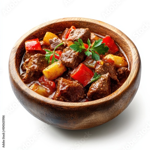 Delicious beef stew with colorful vegetables in a wooden bowl on a white background.