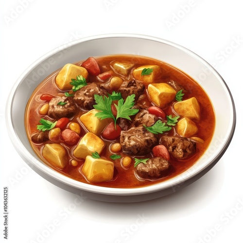 Delicious beef stew with potatoes and herbs, served in a white bowl, perfect for cozy meals. photo