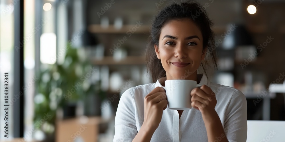 Happy smart causal businesswoman at the office drinking coffee Happy smart causal businesswoman at the office drinking coffee