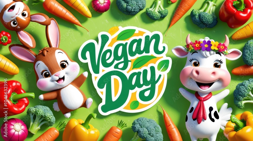 Naklejka premium Cute cartoon animals and vegetables in a fun, colorful Vegan Day logo.
