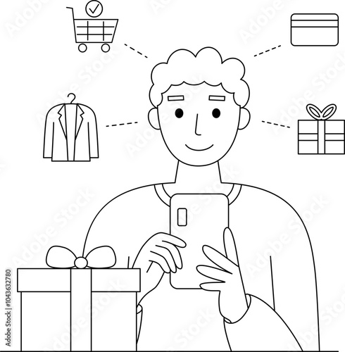 A young man happily shopping online with his smartphone while considering gifts, clothing, and convenient payment options at home