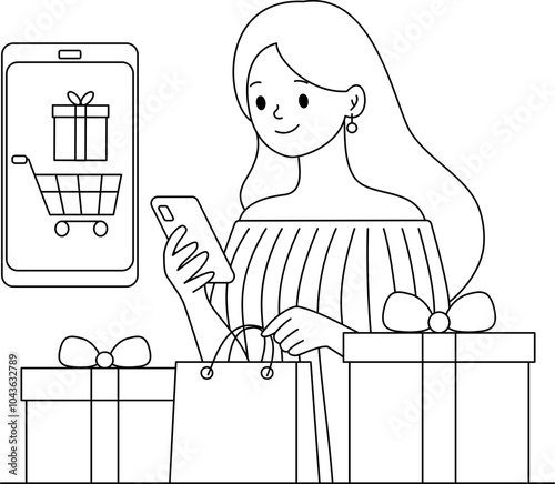 A woman checks her shopping app while selecting presents during the festive season at home