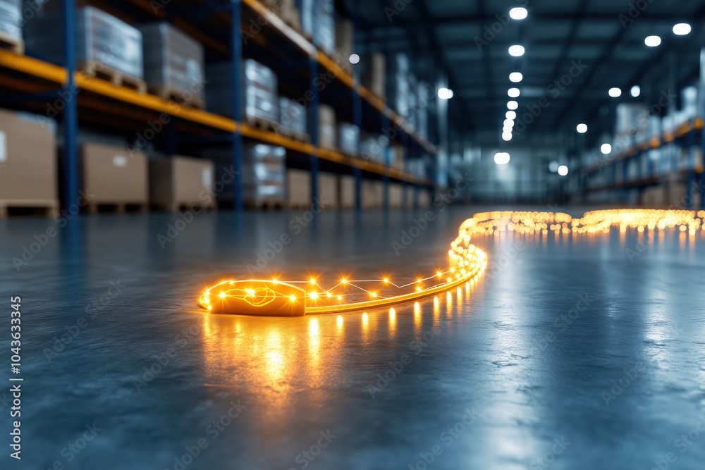 Fototapeta premium Bright LED lights illuminate a warehouse floor creating a magical atmosphere during nighttime