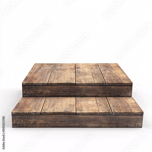 wooden big stage rectangular platform with two steps on white background 