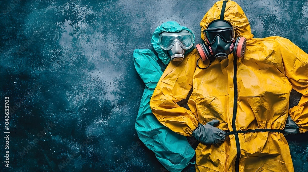 Obraz premium Folded hazmat suit with accompanying gloves goggles and boot covers showcasing essential personal protective equipment for environments requiring strict decontamination and safety protocols
