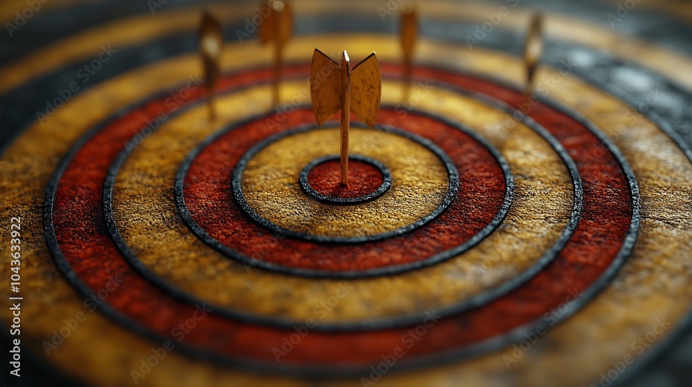 Stylized target multiple arrows showing the pursuit of different business objectives within a strategic framework clear organized visuals Stylized target multiple arrows showing the pursuit of different business objectives within a strategic framework clear organized visuals