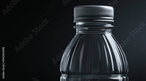 A close-up of a transparent plastic water bottle with a silver cap against a dark background.