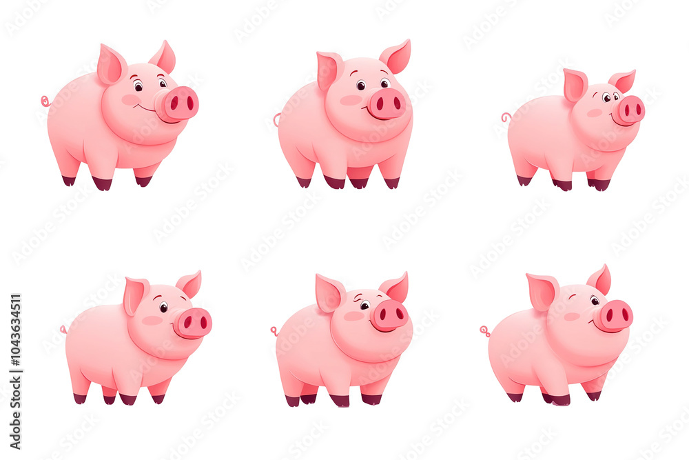A series of cartoon pigs are standing in a row, each with a different expression. on transparent background.