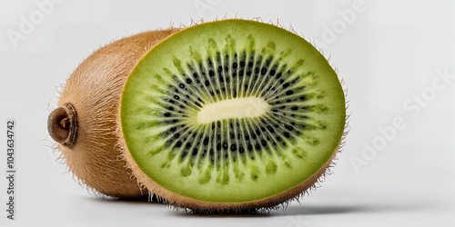 Detaillierte Aufnahme einer halbierten Kiwi mit intensiven Grüntönen und markanten schwarzen Samen, die das perfekte Gleichgewicht zwischen Frische und reifen, saftigen Texturen zeigt photo