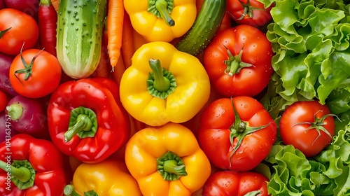 A vibrant assortment of fresh vegetables, including peppers, tomatoes, cucumbers, and lettuce.