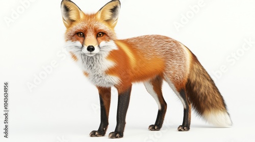 A red fox stands on a white background, looking directly at the viewer.