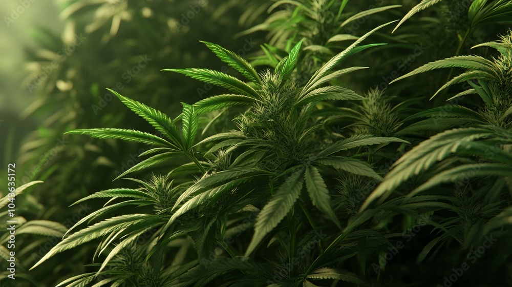 Lush green cannabis plants with buds growing in a field. Lush green cannabis plants with buds growing in a field.