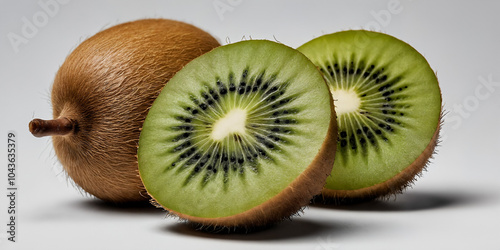 Kiwi-Frucht in Nahaufnahme mit einer aufgeschnittenen Hälfte, die die kräftig grüne Farbe und die gleichmäßig verteilten schwarzen Samen perfekt zur Geltung bringt photo