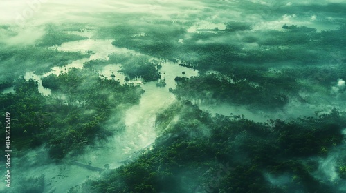 Aerial view of a misty, lush landscape with rivers and dense vegetation.