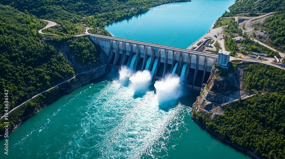 Aerial view of a hydroelectric dam releasing water Aerial view of a hydroelectric dam releasing water
