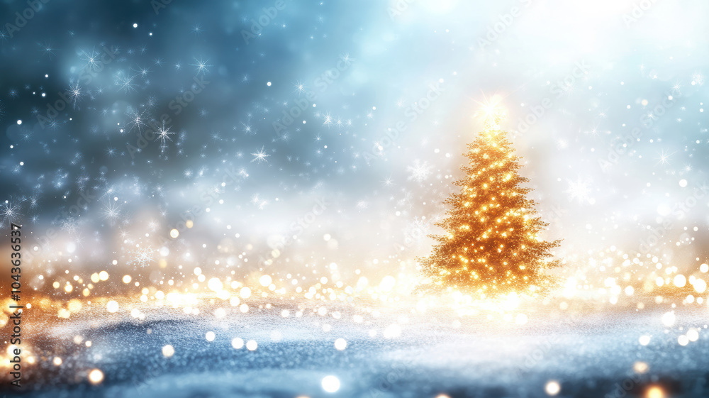 Snowflakes and Christmas tree with glowing lights Snowflakes and Christmas tree with glowing lights