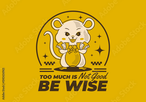 Too much is not good, be wise. Retro rat mascot character holding a lot of money