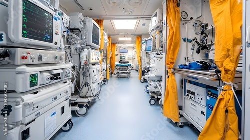 Partially open divider curtain in an empty medical facility revealing unused hospital equipment beyond  Concept of private restricted treatment areas healthcare facility emergency care space photo