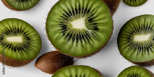 Extrem detaillierte Nahaufnahme der Kiwi mit Fokus auf die satten grünen Farbtöne und die schwarze Symmetrie der Samen im Fruchtfleisch – Frische und Textur im Vordergrund photo