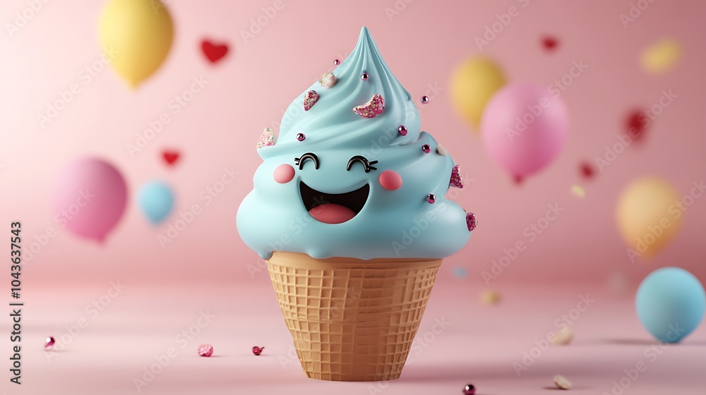 Smiling Blue Ice Cream Cone with Fun Decorations Smiling Blue Ice Cream Cone with Fun Decorations