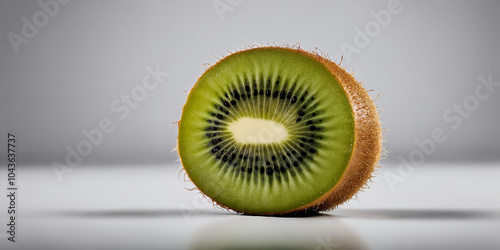 Perfekt geschnittene Kiwi in der Mitte des Bildes, die die lebendigen grünen Farben des Fruchtfleisches und die gleichmäßig verteilten schwarzen Samen auf grauem Hintergrund zeigt photo