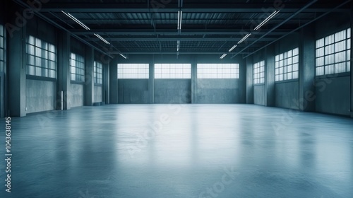 A spacious industrial interior with large windows and polished concrete flooring.