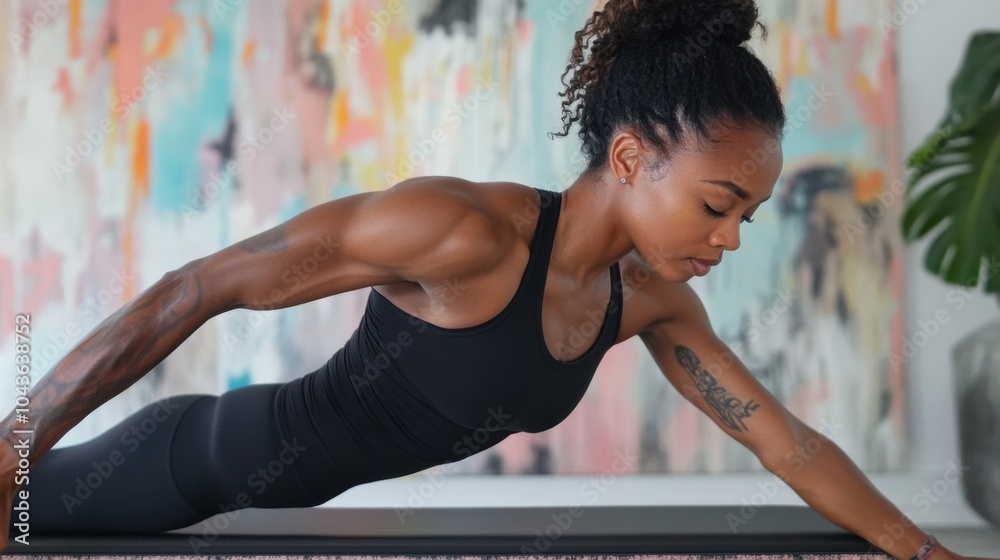 Fototapeta premium Woman doing a plank, showcasing her perfect body composition with toned arms and core.