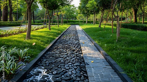 Fototapeta Naklejka Na Ścianę i Meble -  Stone drainage in the park with green grass and tree background