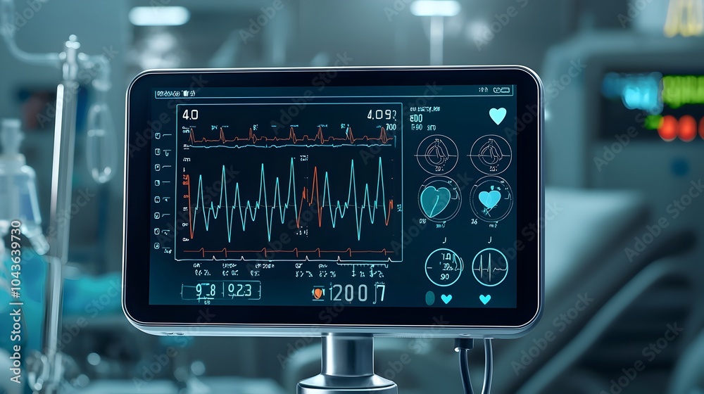 Sleek and modern medical monitor display panel showing vital health indicators such as oxygen levels heart rate and blood pressure in a calm standby mode ready for medical professionals to utilize Sleek and modern medical monitor display panel showing vital health indicators such as oxygen levels heart rate and blood pressure in a calm standby mode ready for medical professionals to utilize