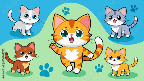 A group of cute cartoon cats in different colors in playful poses suitable for children's products, pet related businesses, and fun, whimsical designs. kitten party, cat cafe, cat toys