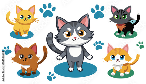 A group of cute cartoon cats in different colors in playful poses suitable for children's products, pet related businesses, and fun, whimsical designs. kitten party, cat cafe, cat toys