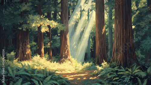 Redwood forest: a majestic redwood forest scene with towering trees, fern-covered forest floor, and rays of sunlight filtering through the canopy. Redwood Grove. Illustration photo