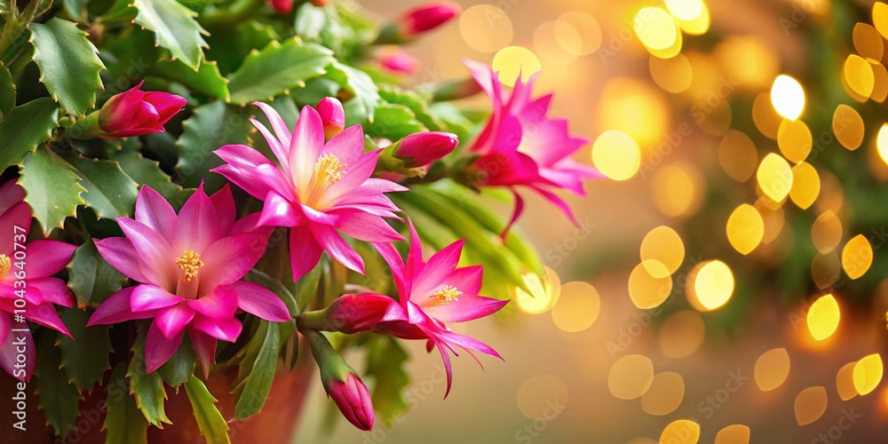 Fototapeta premium Hot Pink Christmas Cactus in Bloom - Vibrant Indoor Plant with Copy Space for Holiday Decor Ideas