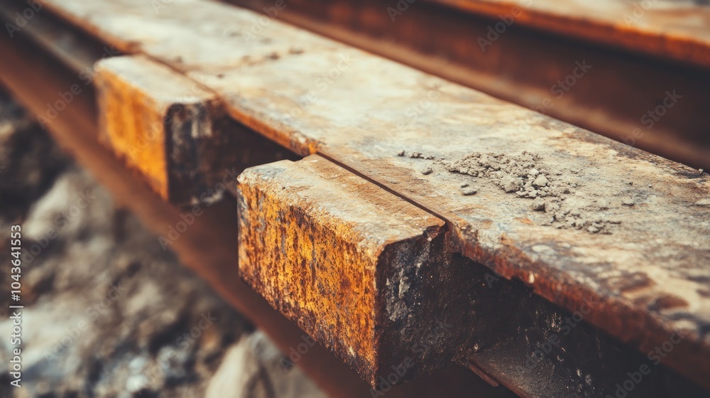 Close-up of rusty railway tracks with dirt, highlighting industrial wear. Close-up of rusty railway tracks with dirt, highlighting industrial wear.