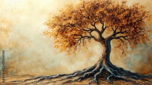 Artistic Tree with Autumn Leaves and Roots