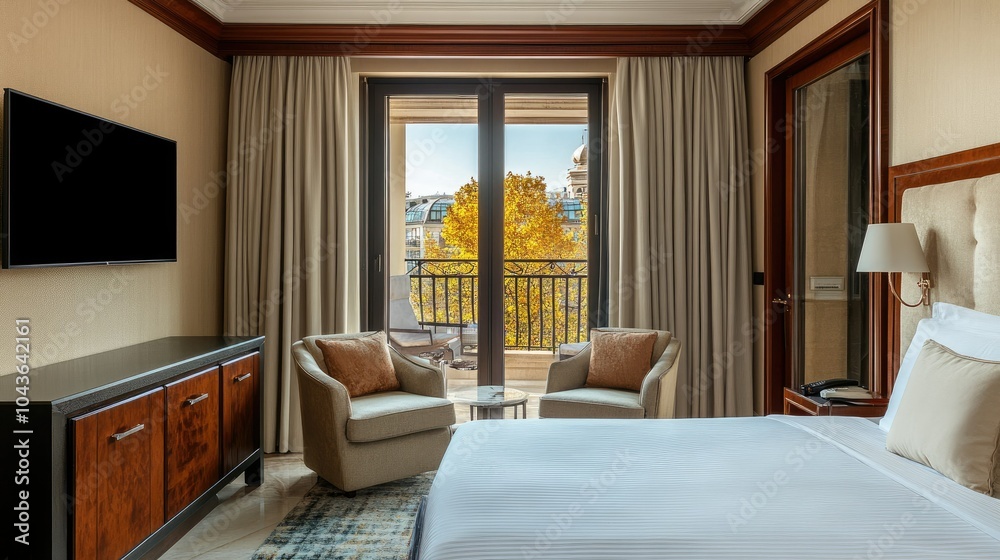 Fototapeta premium Bright luxury apartment room featuring a comfortable balcony, chairs, cushions, and a flat-screen TV