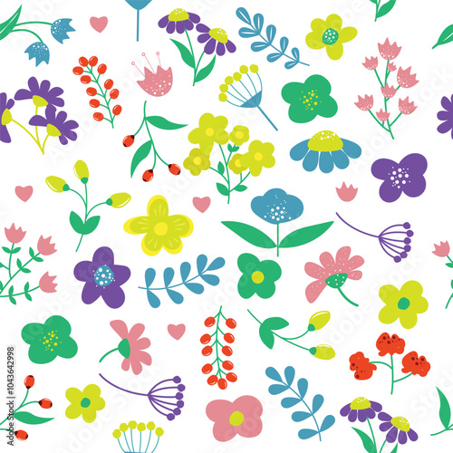 Floral spring pattern. Plant background for fashion, tapestries, prints, decor, textile. Different colorful flowers