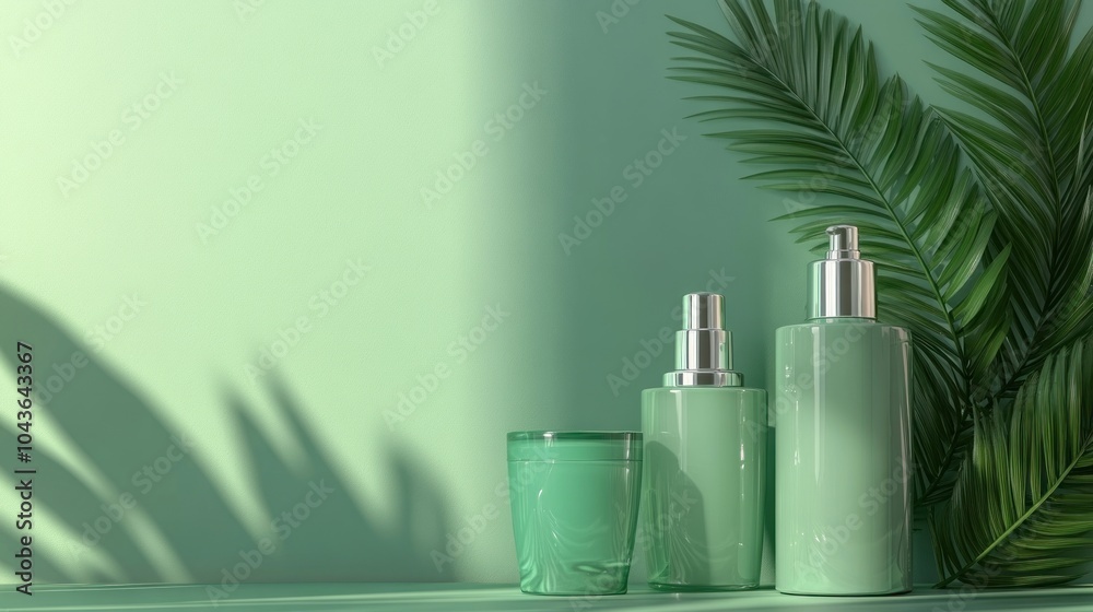 Aesthetic display of green cosmetic bottles and a candle against a soft green background. Aesthetic display of green cosmetic bottles and a candle against a soft green background.