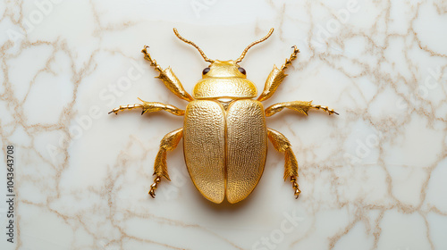 Golden beetle on marble stone surface photo