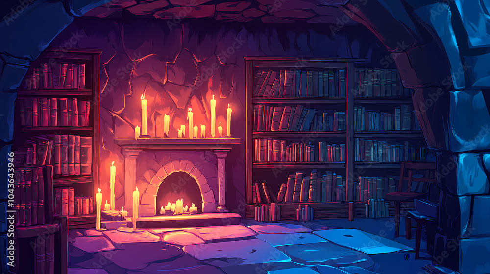 Mysterious underground library with candles and bookshelves. Arcane Library. Illustration Mysterious underground library with candles and bookshelves. Arcane Library. Illustration